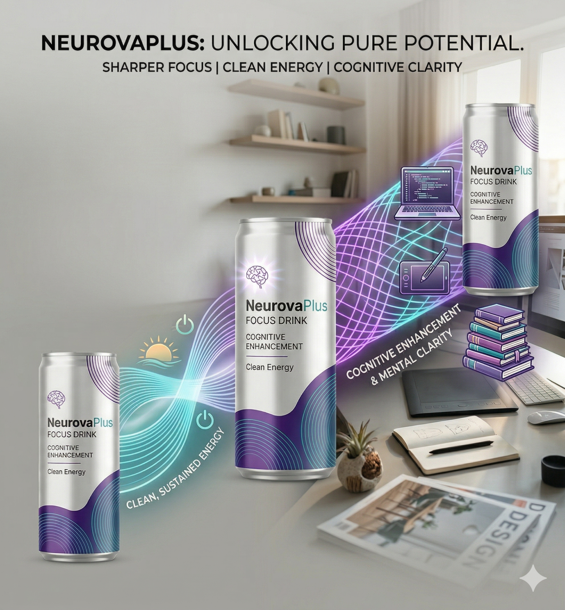 NeurovaPlus campaign image featuring cans and productivity lifestyle visuals